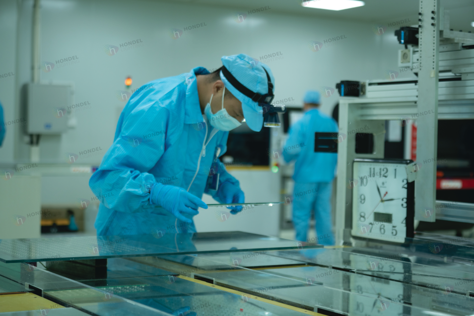 Detailed inspection of pixel pitch and adhesive transparency on a custom LED glass module